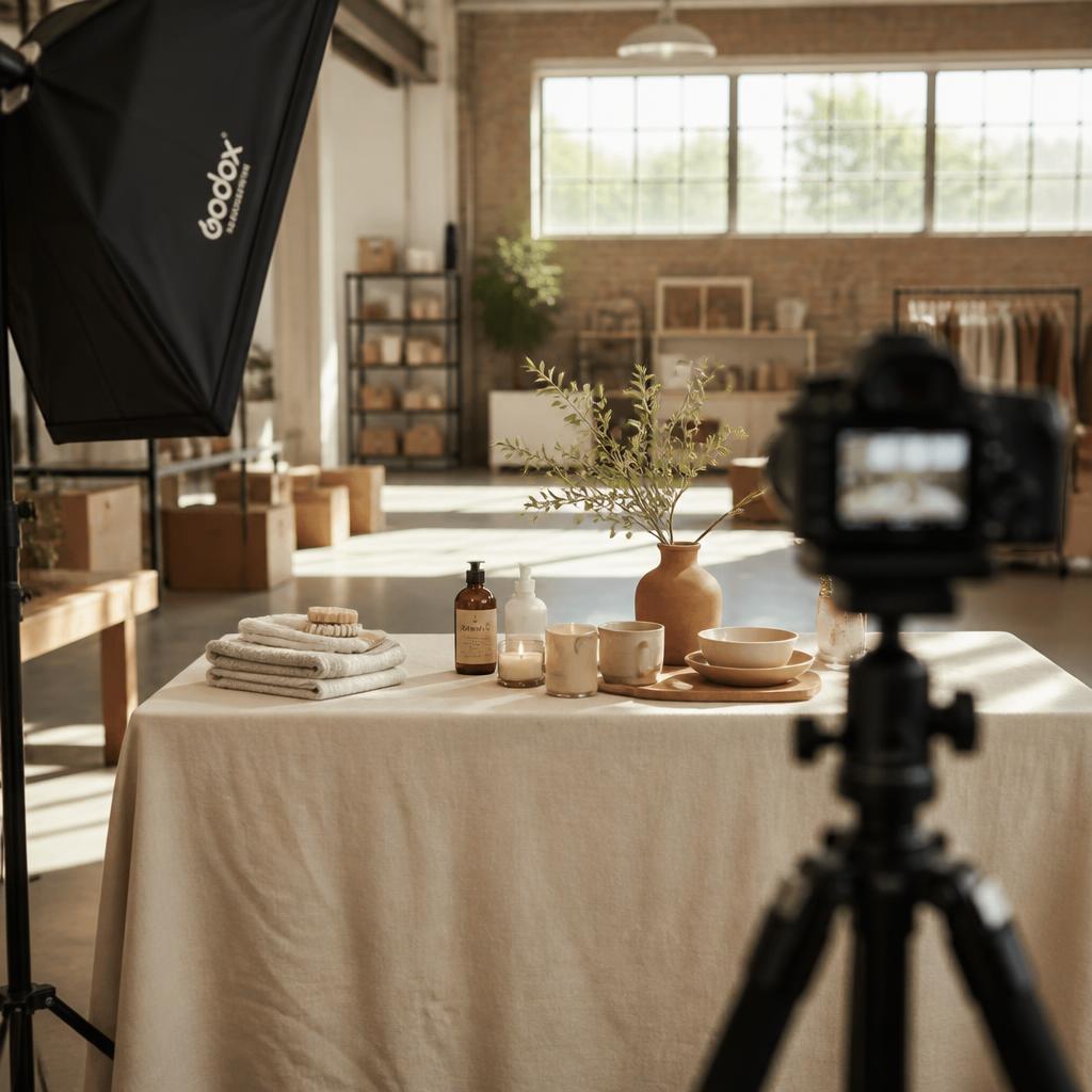 A dressed product set with soft lighting and a camera at Pallet Pixel Studios